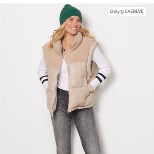 EVEREVE Fuzzy Feaux Leather Puffer Vest Size Large Beige Zip Up
